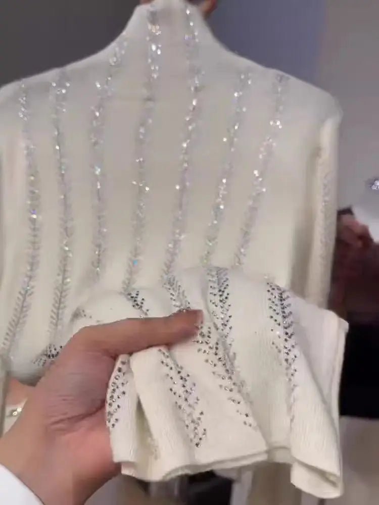 Luxury Sparkle Diamonds Hot Drilling Sweater Women Autumn Winter Turtleneck Off White Knitwear Top Knitted Bottoming Pullovers - PratSN