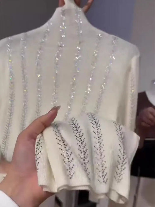 Luxury Sparkle Diamonds Hot Drilling Sweater Women Autumn Winter Turtleneck Off White Knitwear Top Knitted Bottoming Pullovers - PratSN
