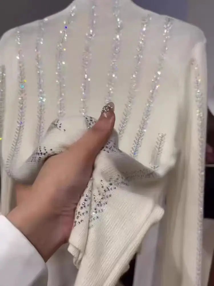 Luxury Sparkle Diamonds Hot Drilling Sweater Women Autumn Winter Turtleneck Off White Knitwear Top Knitted Bottoming Pullovers - PratSN