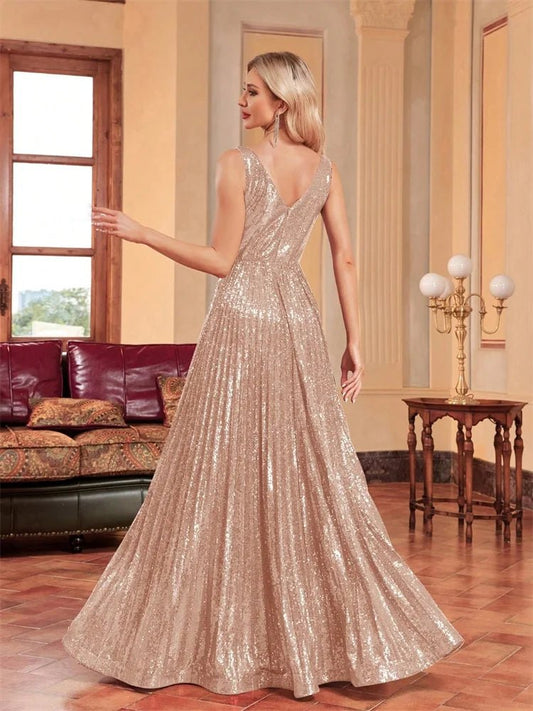 Luxury V - Neck Sleeveless Formal Evening Dresses Women Sequins Wedding Party Prom Maxi Cocktail Gowns Vestidos - PratSN