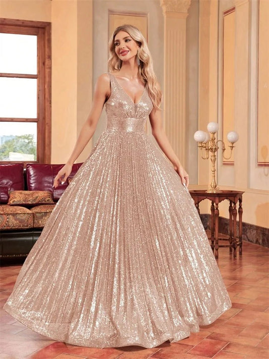 Luxury V - Neck Sleeveless Formal Evening Dresses Women Sequins Wedding Party Prom Maxi Cocktail Gowns Vestidos - PratSN
