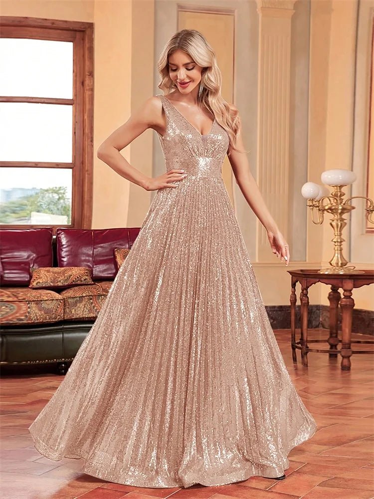 Luxury V - Neck Sleeveless Formal Evening Dresses Women Sequins Wedding Party Prom Maxi Cocktail Gowns Vestidos - PratSN