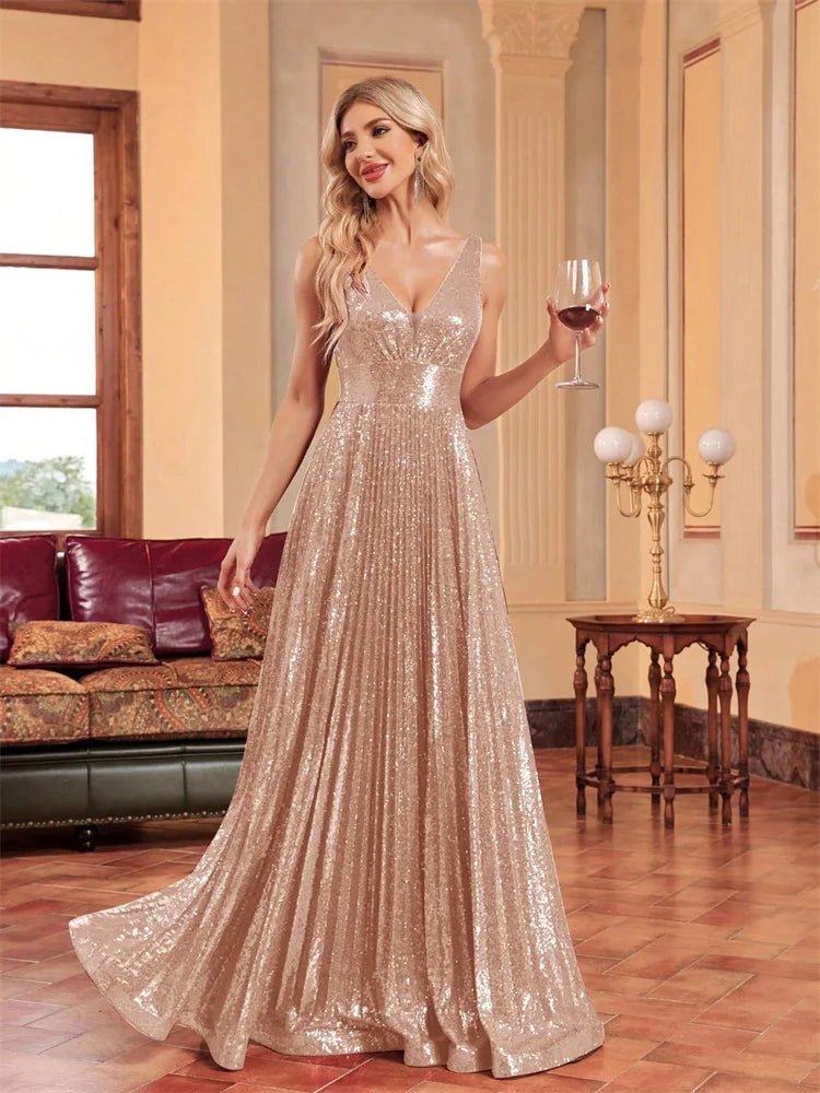 Luxury V - Neck Sleeveless Formal Evening Dresses Women Sequins Wedding Party Prom Maxi Cocktail Gowns Vestidos - PratSN