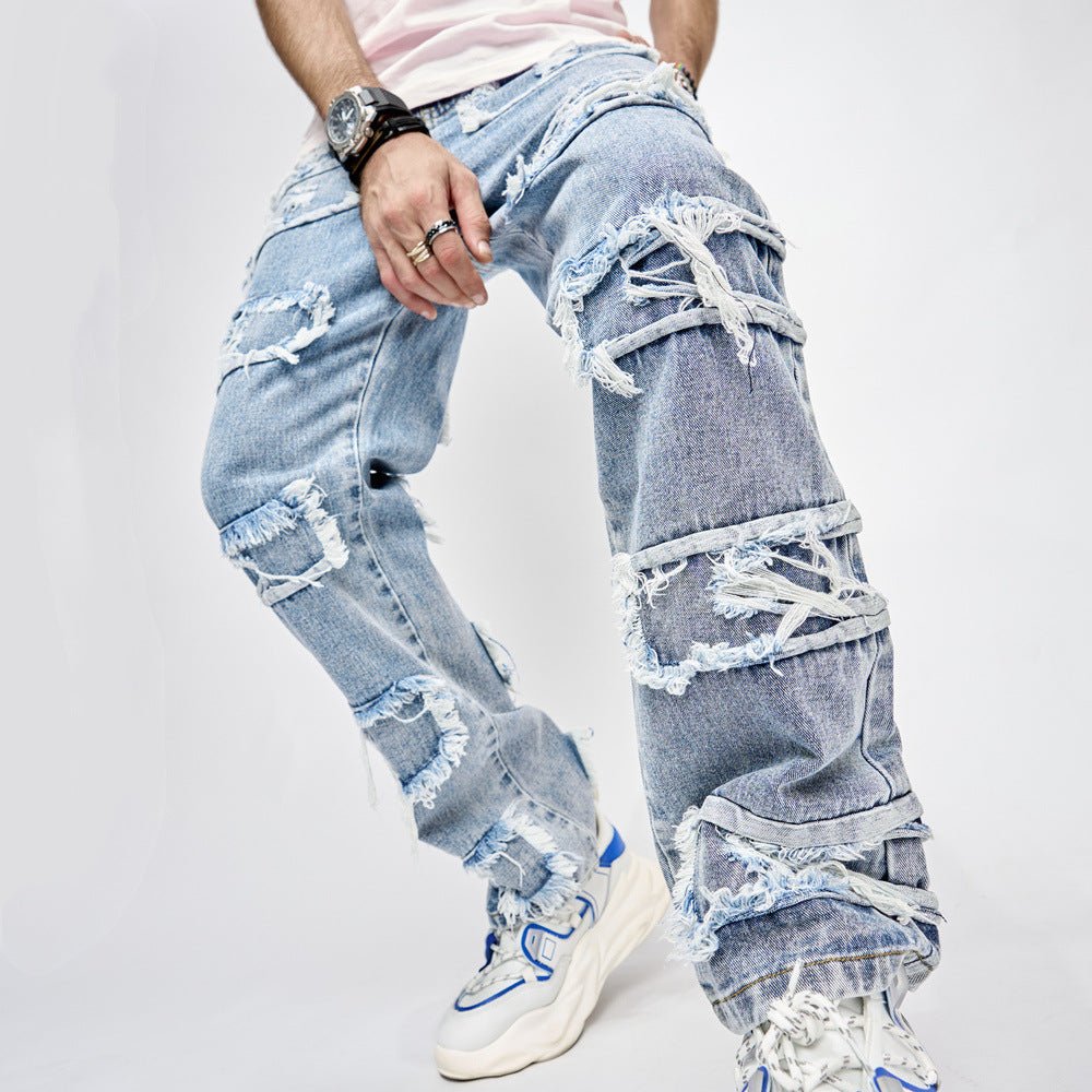 Man's High Street Trousers Pants Full Length Patched Straight Fit Hip Hop Jeans - PratSN