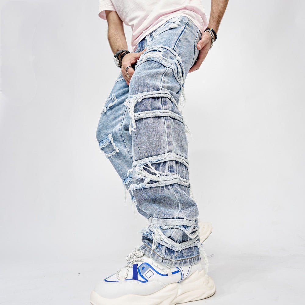 Man's High Street Trousers Pants Full Length Patched Straight Fit Hip Hop Jeans - PratSN