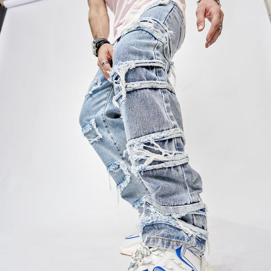 Man's High Street Trousers Pants Full Length Patched Straight Fit Hip Hop Jeans - PratSN