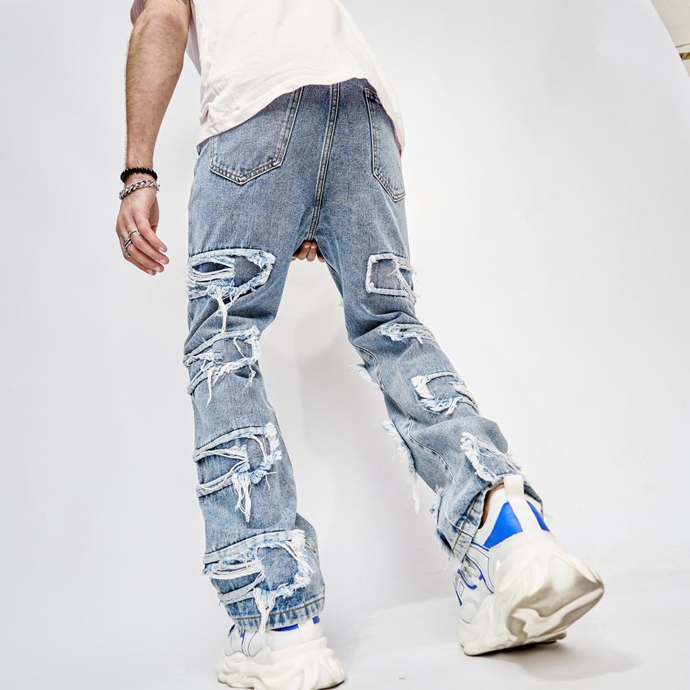 Man's High Street Trousers Pants Full Length Patched Straight Fit Hip Hop Jeans - PratSN