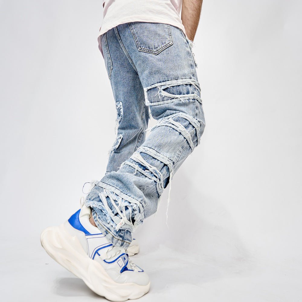 Man's High Street Trousers Pants Full Length Patched Straight Fit Hip Hop Jeans - PratSN