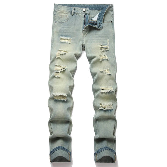 Manufactory Custom Style or Logo ODM Men's Ripped Slim Fit Hole Straight Denim Trousers Fashion Distressed Casual Skinny Pants - PratSN