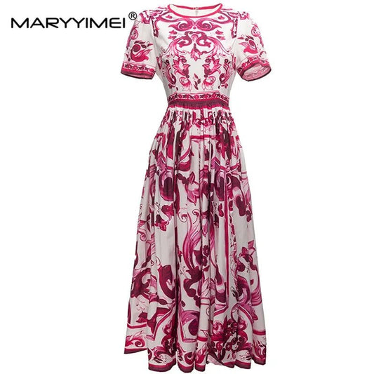 MARYYIMEI Spring Summer Fashion Vintage Women's dress Short Sleeved Red Porcelain Printing Holiday Long Dresses - PratSN