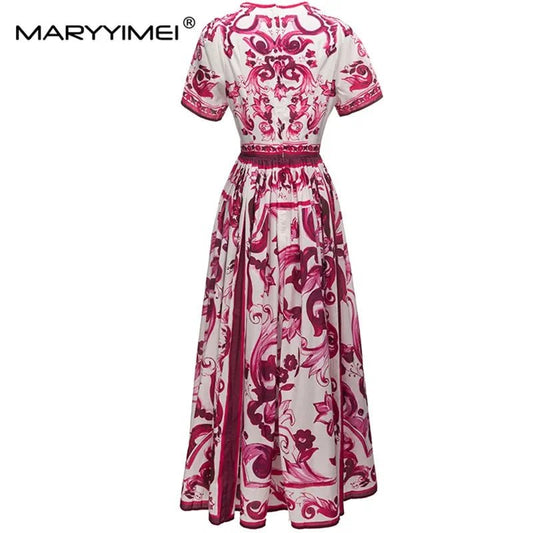 MARYYIMEI Spring Summer Fashion Vintage Women's dress Short Sleeved Red Porcelain Printing Holiday Long Dresses - PratSN