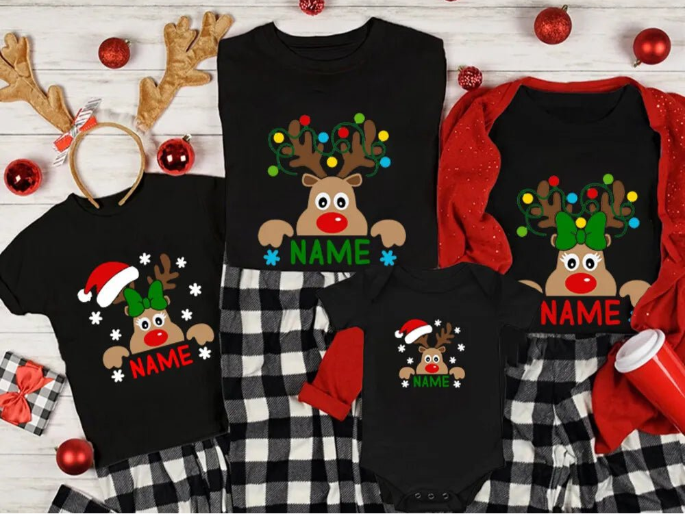 Matching Christmas Family Shirt Custom Name Reindeer Graphic Tees for Family Personalized Holiday Xmas Dad Mom and Me Shirts - PratSN