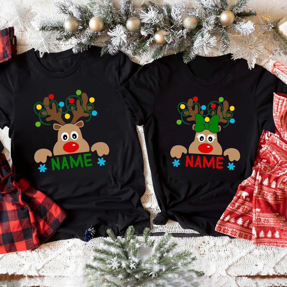 Matching Christmas Family Shirt Custom Name Reindeer Graphic Tees for Family Personalized Holiday Xmas Dad Mom and Me Shirts - PratSN