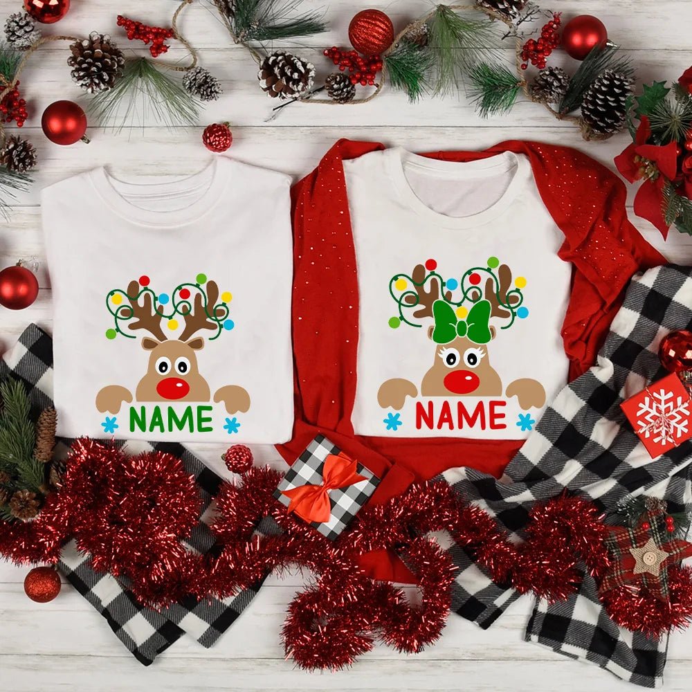 Matching Christmas Family Shirt Custom Name Reindeer Graphic Tees for Family Personalized Holiday Xmas Dad Mom and Me Shirts - PratSN