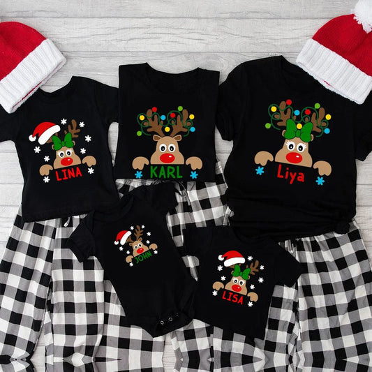 Matching Christmas Family Shirt Custom Name Reindeer Graphic Tees for Family Personalized Holiday Xmas Dad Mom and Me Shirts - PratSN