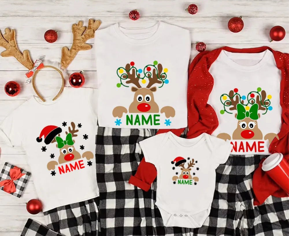 Matching Christmas Family Shirt Custom Name Reindeer Graphic Tees for Family Personalized Holiday Xmas Dad Mom and Me Shirts - PratSN