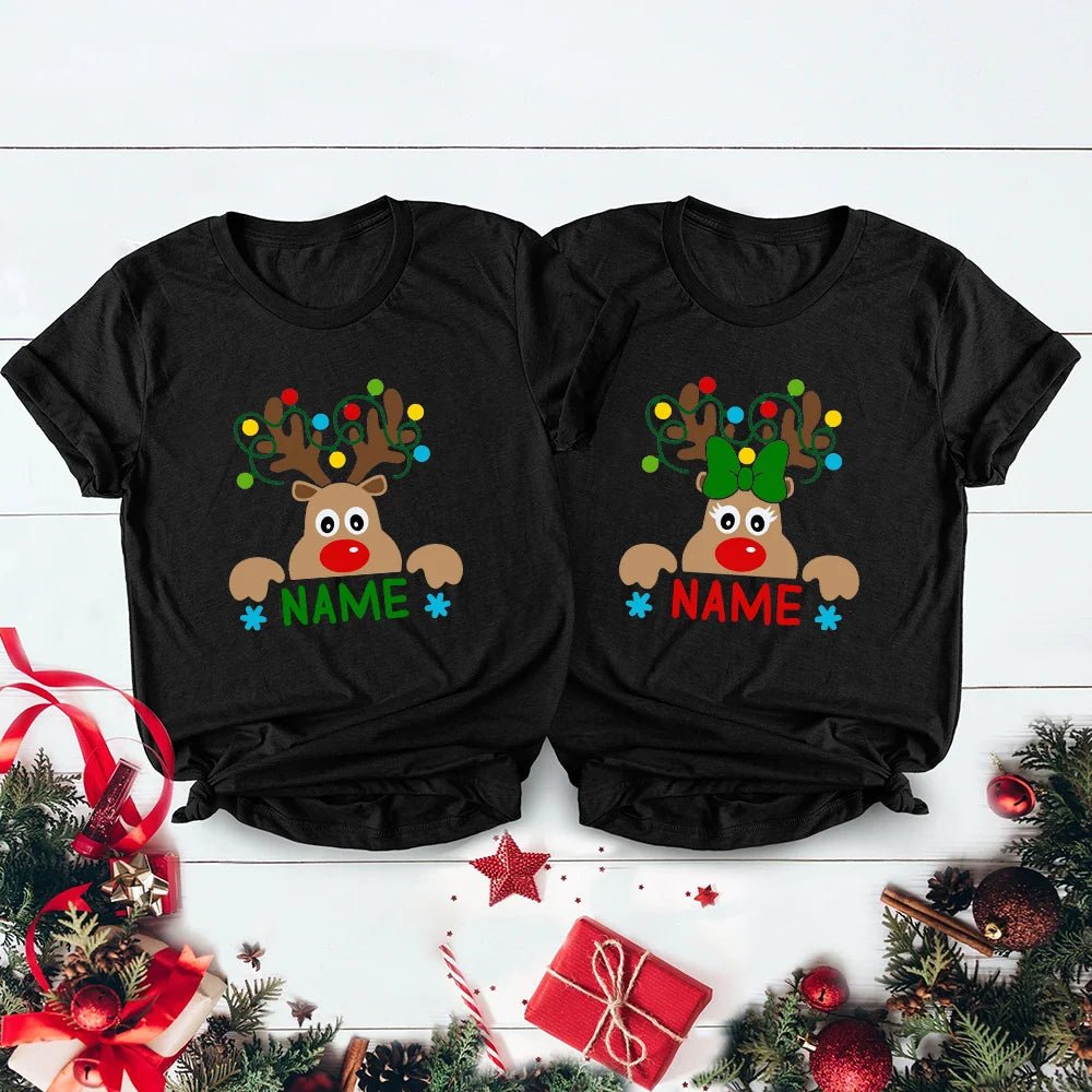 Matching Christmas Family Shirt Custom Name Reindeer Graphic Tees for Family Personalized Holiday Xmas Dad Mom and Me Shirts - PratSN