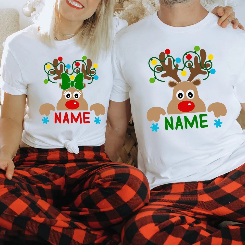 Matching Christmas Family Shirt Custom Name Reindeer Graphic Tees for Family Personalized Holiday Xmas Dad Mom and Me Shirts - PratSN