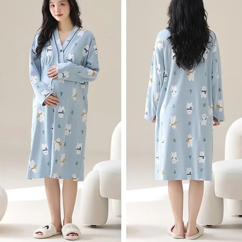 Maternity Spring and Autumn Cotton Nursing Nightdress for Maternity Floral Printed Sleepwear Pregnancy Home Hospital Wear Lounge - PratSN