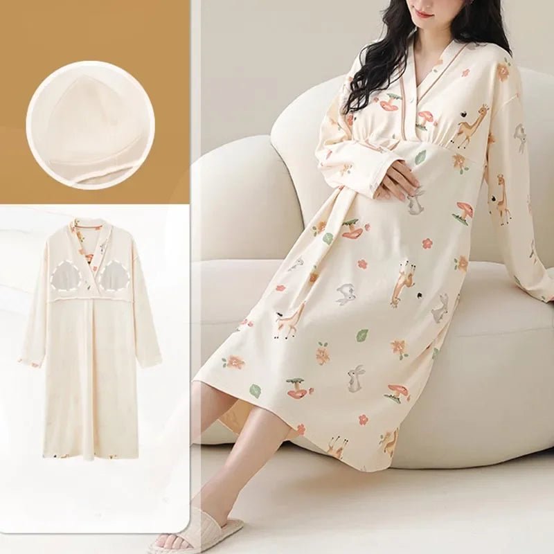 Maternity Spring and Autumn Cotton Nursing Nightdress for Maternity Floral Printed Sleepwear Pregnancy Home Hospital Wear Lounge - PratSN