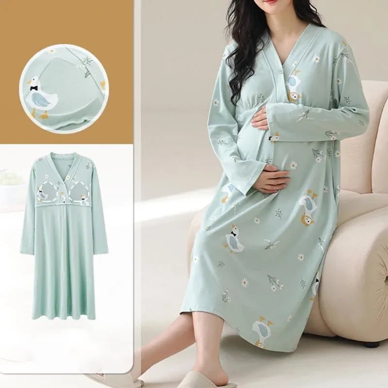 Maternity Spring and Autumn Cotton Nursing Nightdress for Maternity Floral Printed Sleepwear Pregnancy Home Hospital Wear Lounge - PratSN