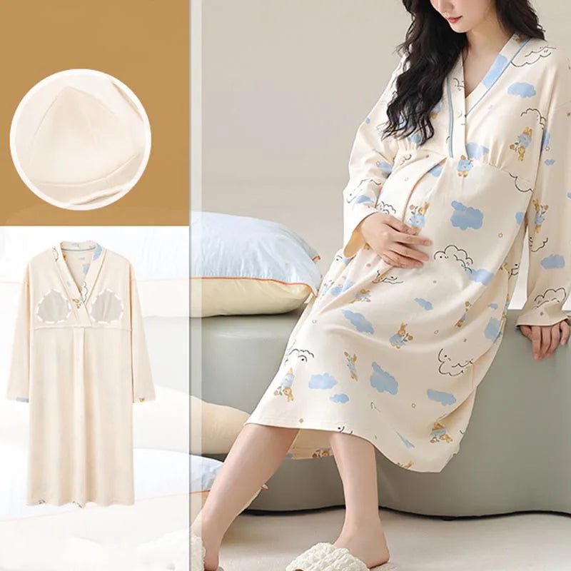 Maternity Spring and Autumn Cotton Nursing Nightdress for Maternity Floral Printed Sleepwear Pregnancy Home Hospital Wear Lounge - PratSN