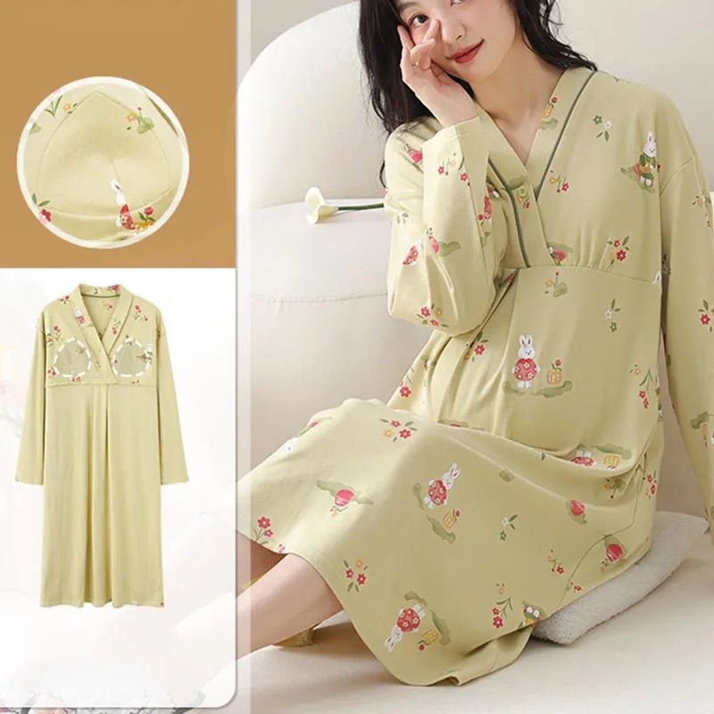 Maternity Spring and Autumn Cotton Nursing Nightdress for Maternity Floral Printed Sleepwear Pregnancy Home Hospital Wear Lounge - PratSN