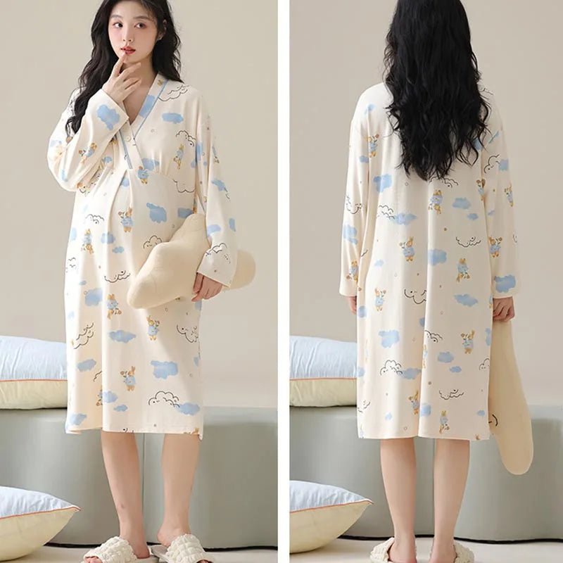 Maternity Spring and Autumn Cotton Nursing Nightdress for Maternity Floral Printed Sleepwear Pregnancy Home Hospital Wear Lounge - PratSN