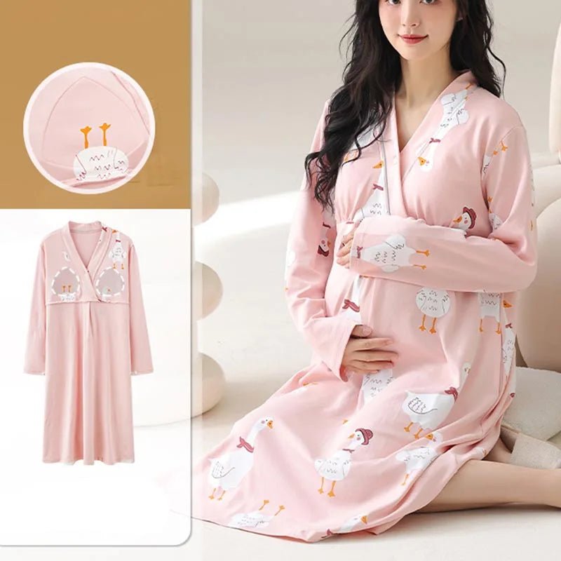 Maternity Spring and Autumn Cotton Nursing Nightdress for Maternity Floral Printed Sleepwear Pregnancy Home Hospital Wear Lounge - PratSN