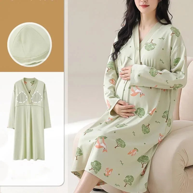 Maternity Spring and Autumn Cotton Nursing Nightdress for Maternity Floral Printed Sleepwear Pregnancy Home Hospital Wear Lounge - PratSN