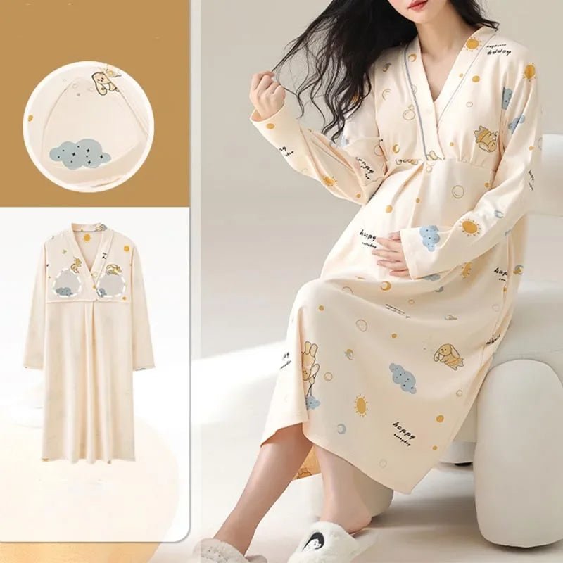 Maternity Spring and Autumn Cotton Nursing Nightdress for Maternity Floral Printed Sleepwear Pregnancy Home Hospital Wear Lounge - PratSN