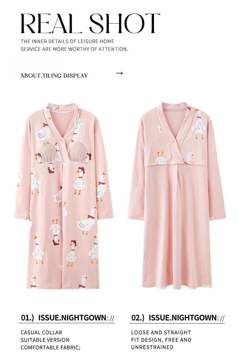 Maternity Spring and Autumn Cotton Nursing Nightdress for Maternity Floral Printed Sleepwear Pregnancy Home Hospital Wear Lounge - PratSN