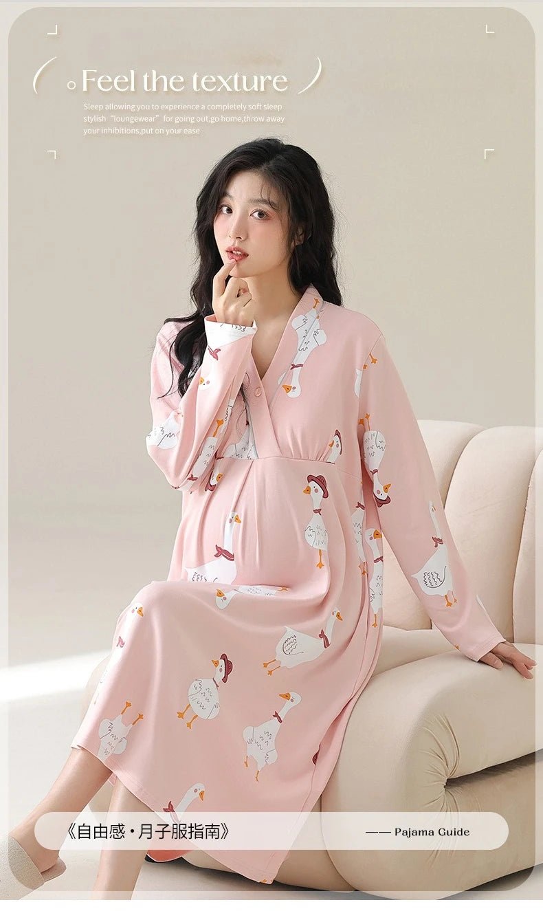 Maternity Spring and Autumn Cotton Nursing Nightdress for Maternity Floral Printed Sleepwear Pregnancy Home Hospital Wear Lounge - PratSN