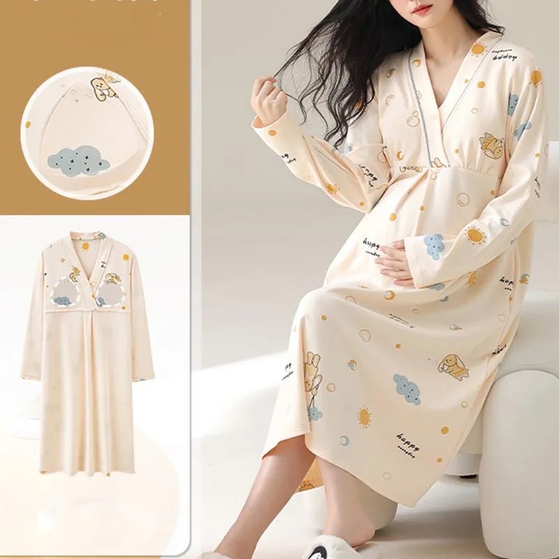 Maternity Spring and Autumn Cotton Nursing Nightdress for Maternity Floral Printed Sleepwear Pregnancy Home Hospital Wear Lounge - PratSN