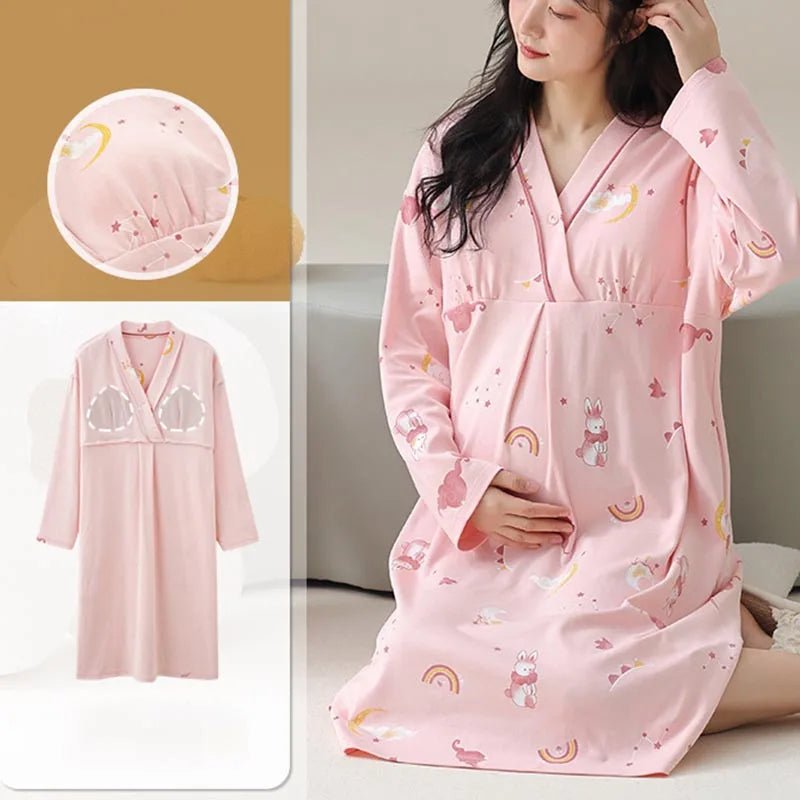 Maternity Spring and Autumn Cotton Nursing Nightdress for Maternity Floral Printed Sleepwear Pregnancy Home Hospital Wear Lounge - PratSN
