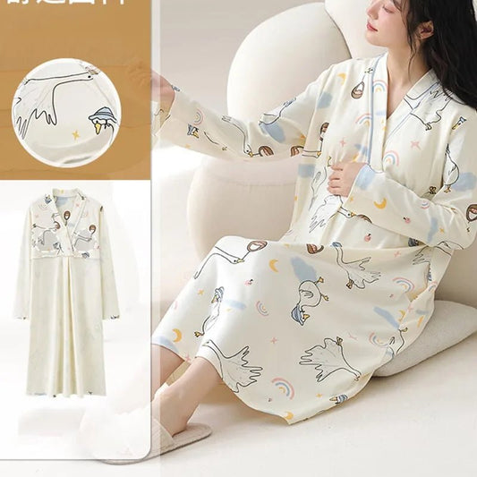 Maternity Spring and Autumn Cotton Nursing Nightdress for Maternity Floral Printed Sleepwear Pregnancy Home Hospital Wear Lounge - PratSN