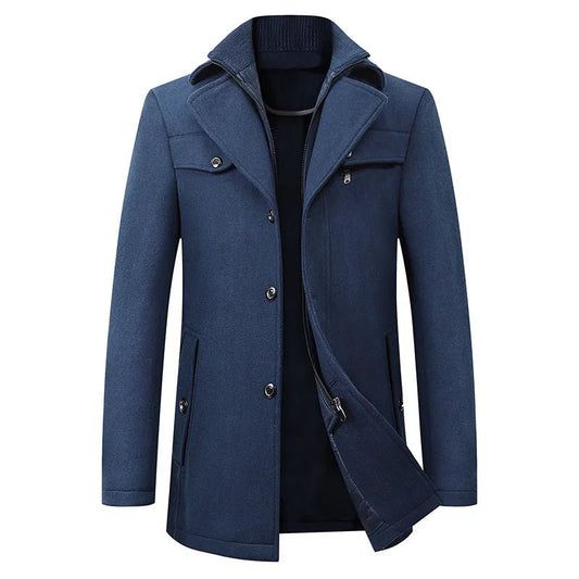 Maz2111 - Fall Winter Double Collar Woolen Men's Coat Casual Long Cotton Padded Men's Windbreaker - PratSN