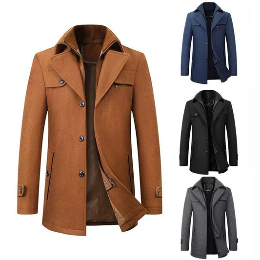Maz2111 - Fall Winter Double Collar Woolen Men's Coat Casual Long Cotton Padded Men's Windbreaker - PratSN