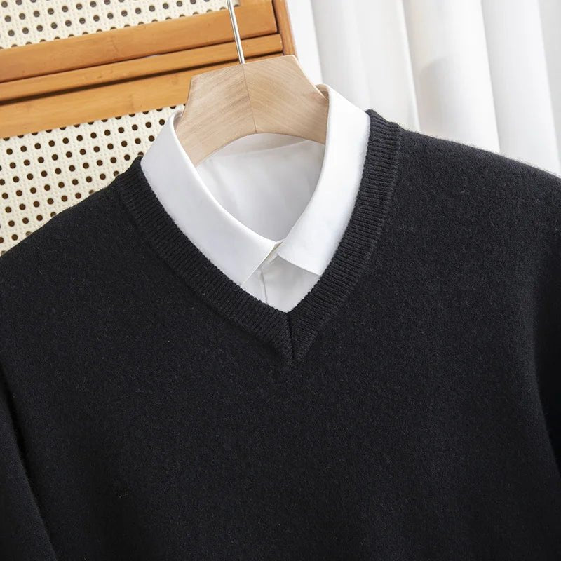 Men 100% Merino Wool Sweater V - Neck Pullover Autumn Winter Cashmere Warm Solid Knitwear Clothes Business Bottoming Soft Tops - PratSN