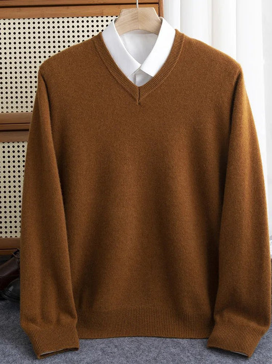 Men 100% Merino Wool Sweater V - Neck Pullover Autumn Winter Cashmere Warm Solid Knitwear Clothes Business Bottoming Soft Tops - PratSN