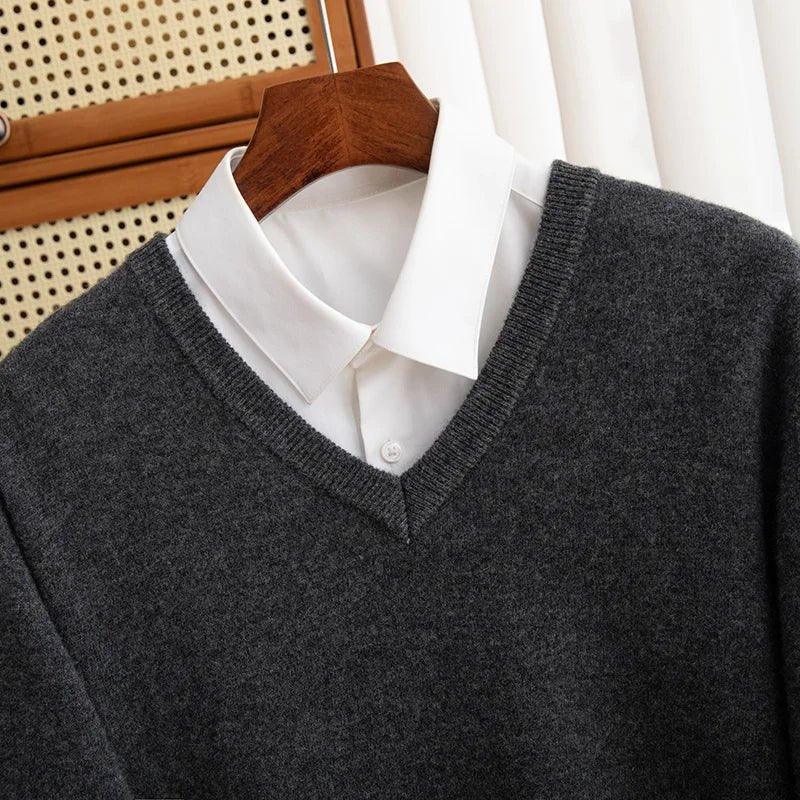 Men 100% Merino Wool Sweater V - Neck Pullover Autumn Winter Cashmere Warm Solid Knitwear Clothes Business Bottoming Soft Tops - PratSN