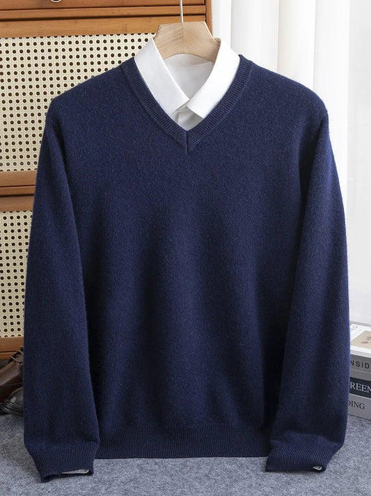 Men 100% Merino Wool Sweater V - Neck Pullover Autumn Winter Cashmere Warm Solid Knitwear Clothes Business Bottoming Soft Tops - PratSN