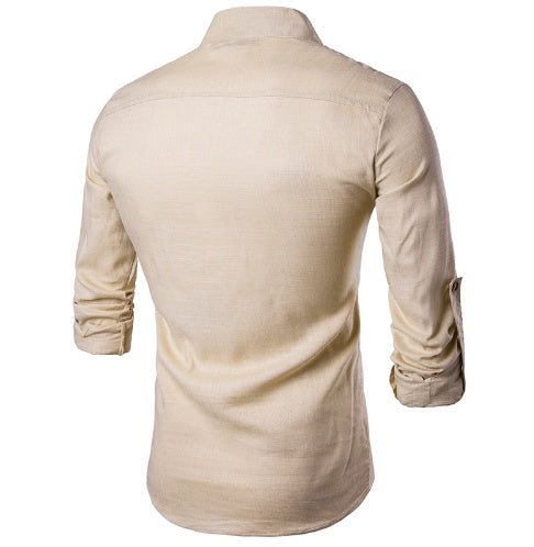 Men casual Shirt Cotton Linen Blended Mandarin Collar Breathable Comfy Style long sleeve shirts EU size - PratSN