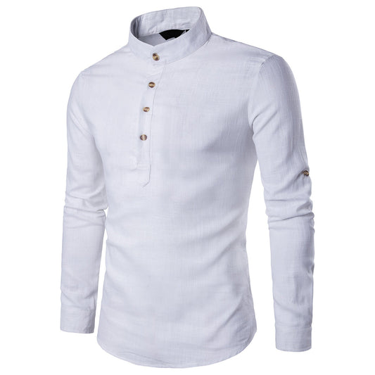 Men casual Shirt Cotton Linen Blended Mandarin Collar Breathable Comfy Style long sleeve shirts EU size - PratSN