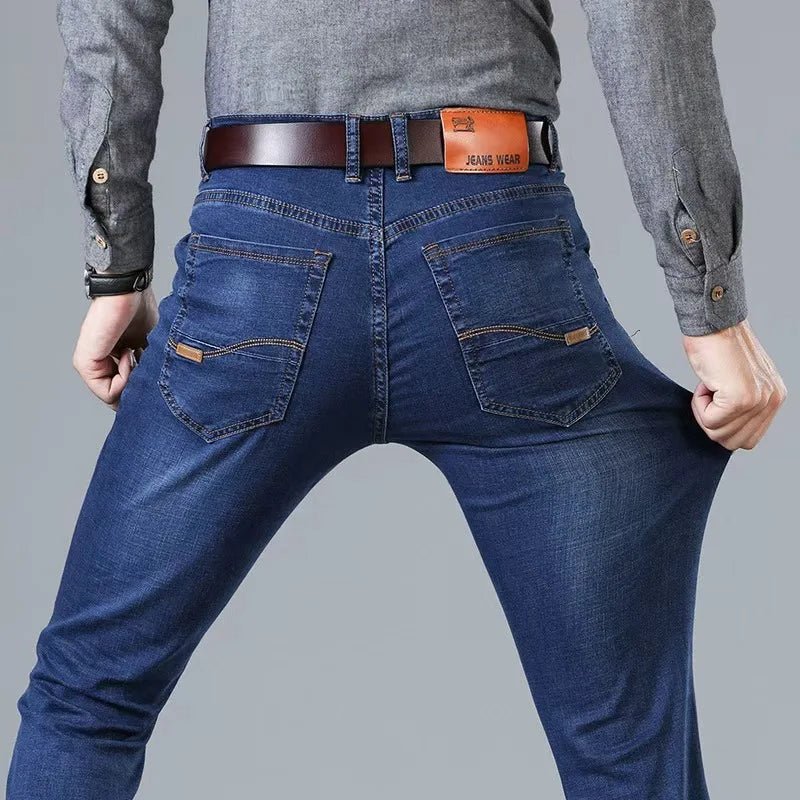 Men Fashion Straight Jeans Stretch Slim Fit Pants Comfortable Soft Business Denim Trousers - PratSN