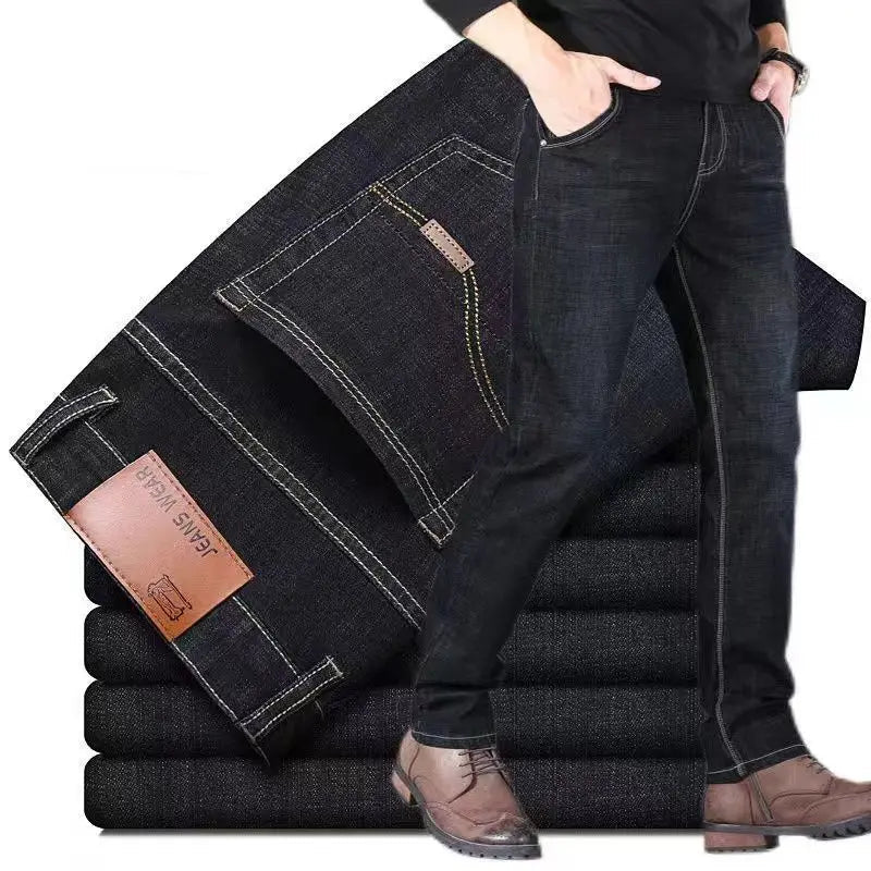 Men Fashion Straight Jeans Stretch Slim Fit Pants Comfortable Soft Business Denim Trousers - PratSN