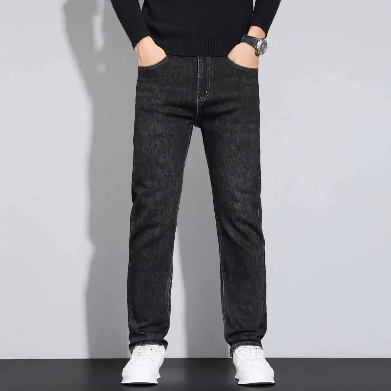 Men Fashion Straight Jeans Stretch Slim Fit Pants Comfortable Soft Business Denim Trousers - PratSN
