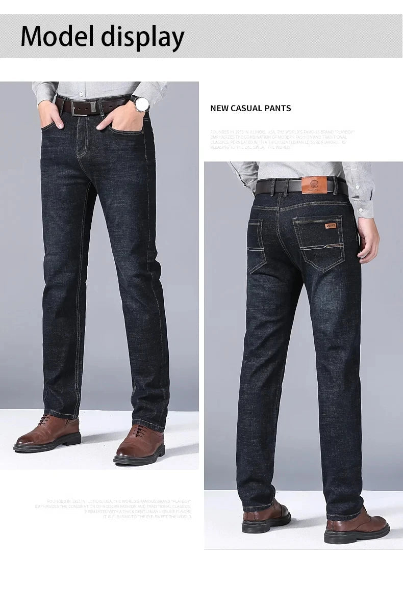 Men Fashion Straight Jeans Stretch Slim Fit Pants Comfortable Soft Business Denim Trousers - PratSN