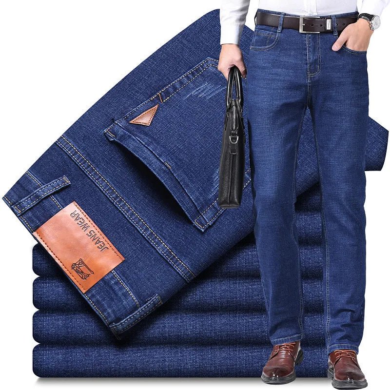Men Fashion Straight Jeans Stretch Slim Fit Pants Comfortable Soft Business Denim Trousers - PratSN