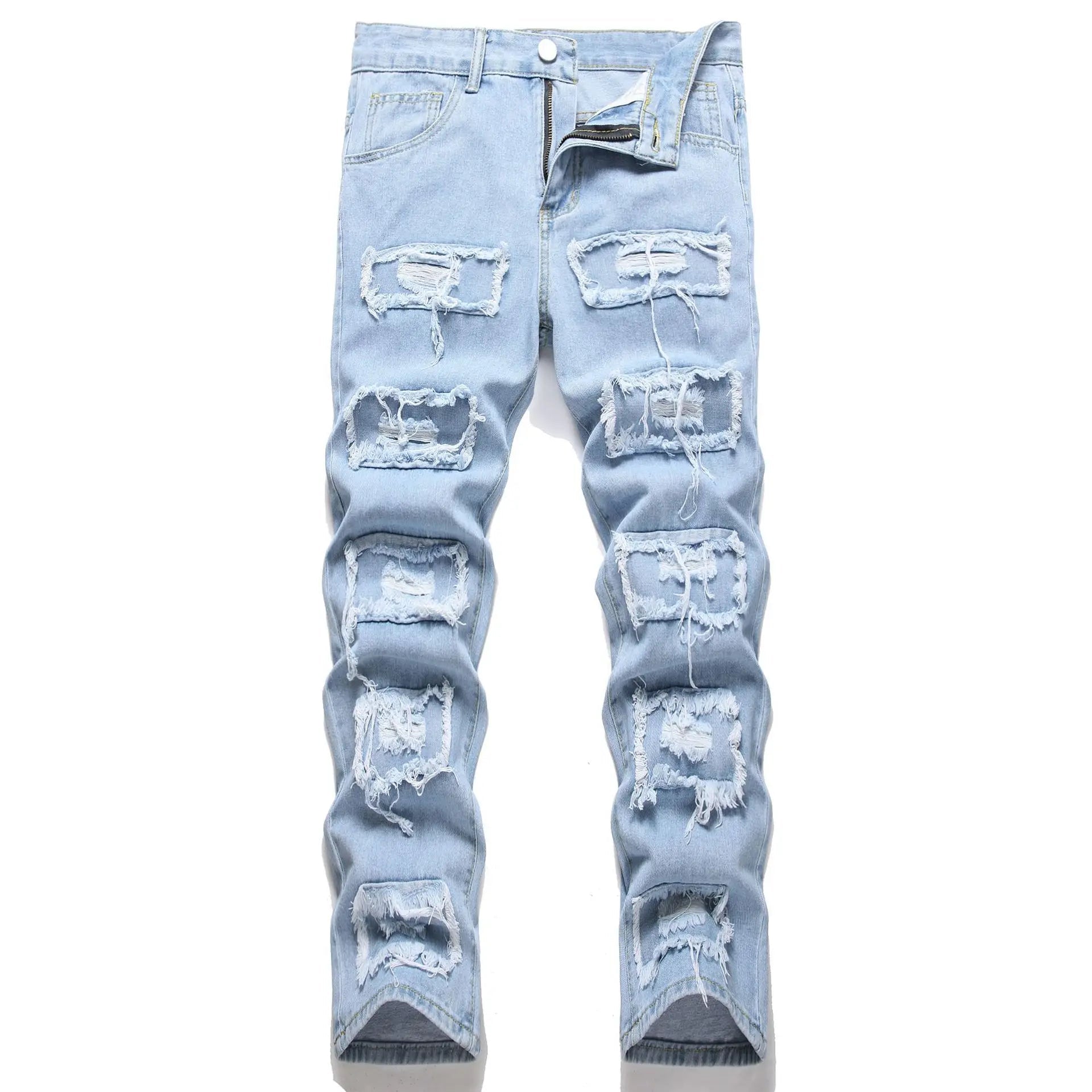 Men Jeans Ankle Length Pants Denim Skinny Ripped Solid Vintage Wash Distressed Slim Fit Pockets - PratSN